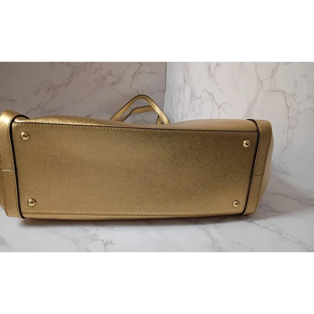 Lauren Ralph Lauren Metallic Gold Crosshatch Leather Medium Clare Tote - NEW - Picture 3 of 7